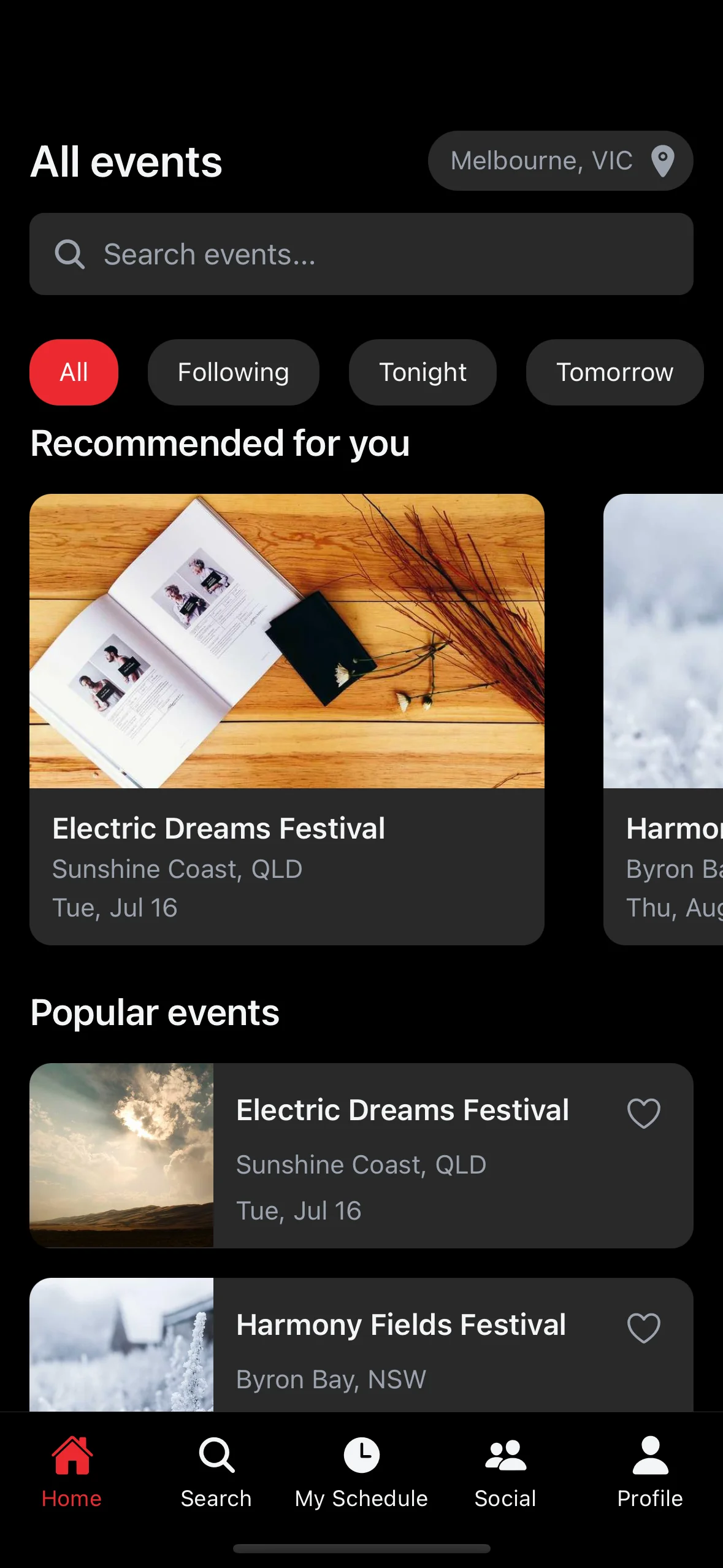 Festival home screen