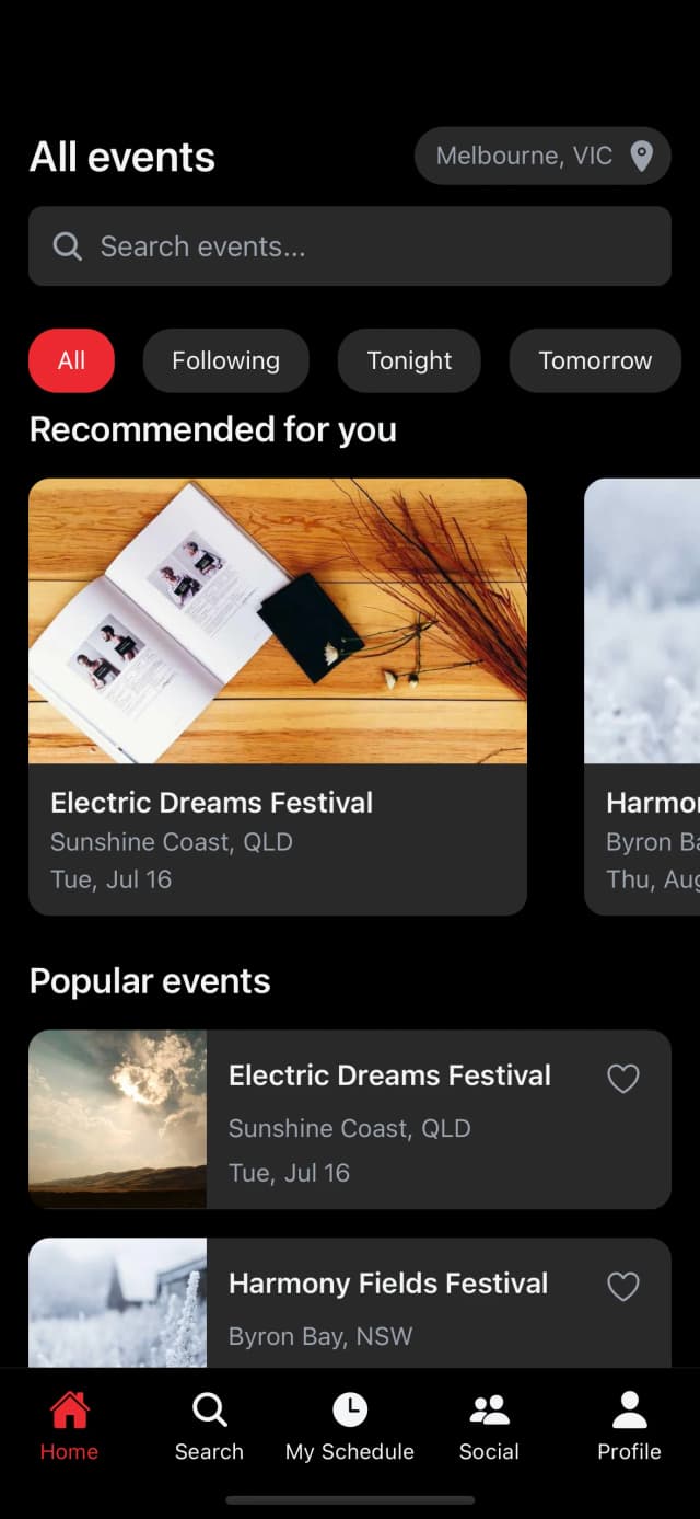 Festival home screen